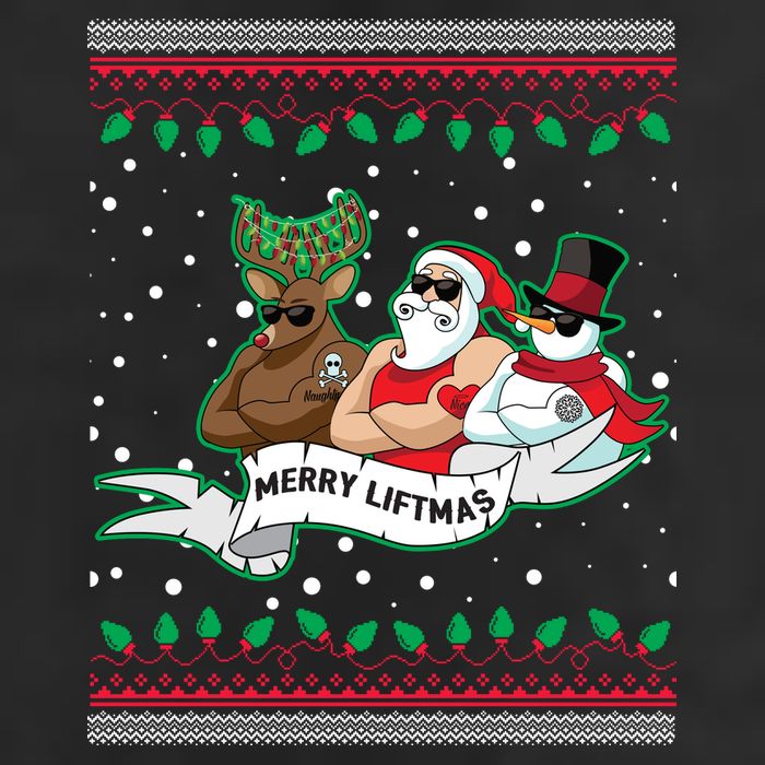 Merry Liftmas Funny Ugly Christmas Sweater 7 Panel Mesh Trucker Snapback Hat