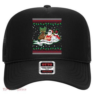 Merry Liftmas Funny Ugly Christmas Sweater High Crown Mesh Back Trucker Hat
