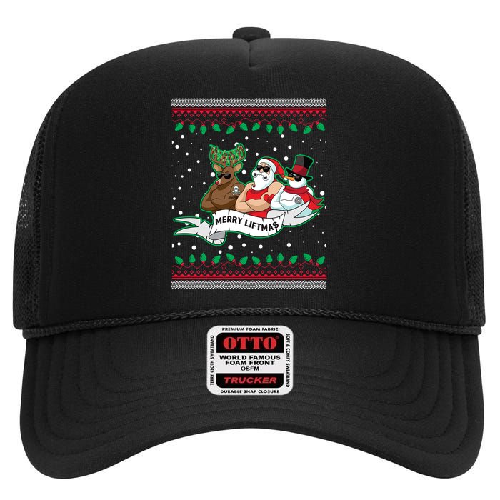 Merry Liftmas Funny Ugly Christmas Sweater High Crown Mesh Back Trucker Hat