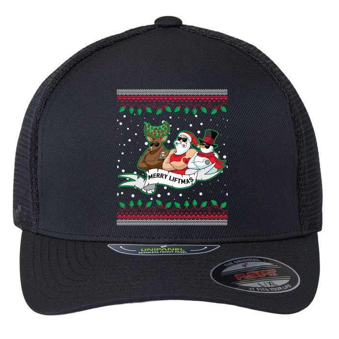 Merry Liftmas Funny Ugly Christmas Sweater Flexfit Unipanel Trucker Cap