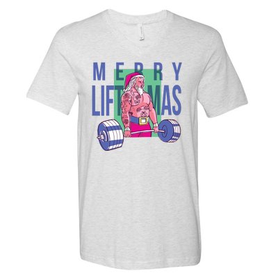 Merry Liftmas Tattoo Santa V-Neck T-Shirt