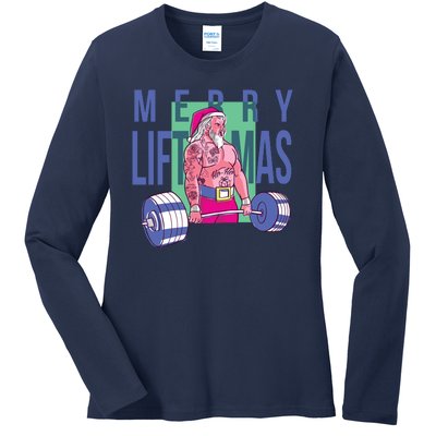 Merry Liftmas Tattoo Santa Ladies Long Sleeve Shirt