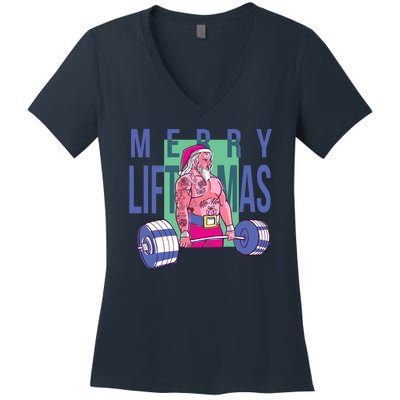 Merry Liftmas Tattoo Santa Women's V-Neck T-Shirt