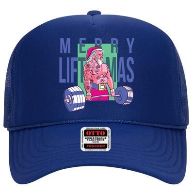 Merry Liftmas Tattoo Santa High Crown Mesh Back Trucker Hat