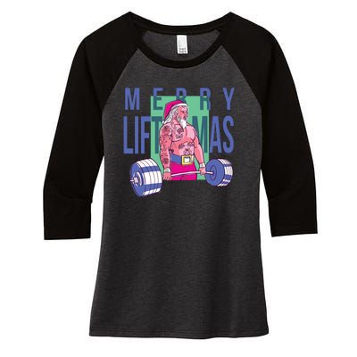 Merry Liftmas Tattoo Santa Women's Tri-Blend 3/4-Sleeve Raglan Shirt