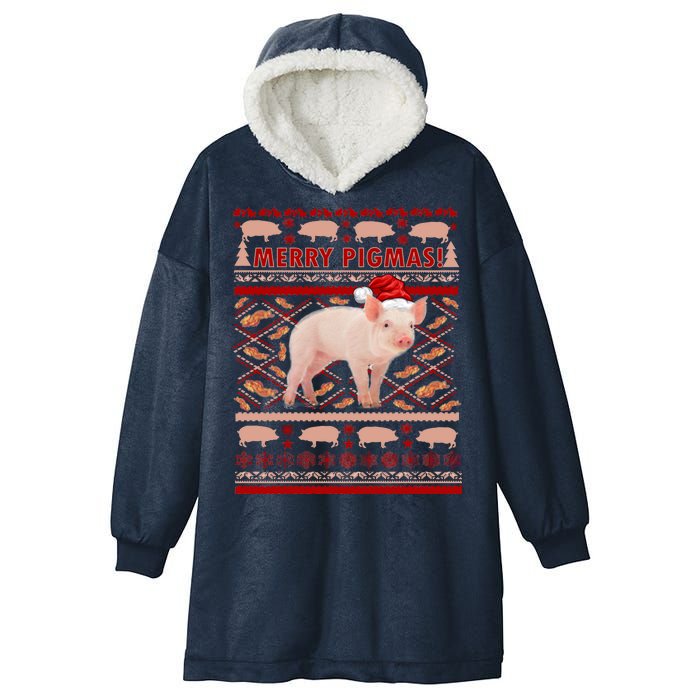 Merry Pigmas Christmas Pig Ugly Sweater Hooded Wearable Blanket