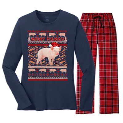 Merry Pigmas Christmas Pig Ugly Sweater Women's Long Sleeve Flannel Pajama Set 