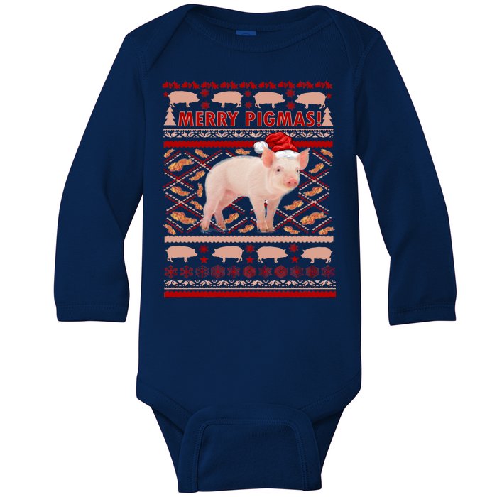 Merry Pigmas Christmas Pig Ugly Sweater Baby Long Sleeve Bodysuit