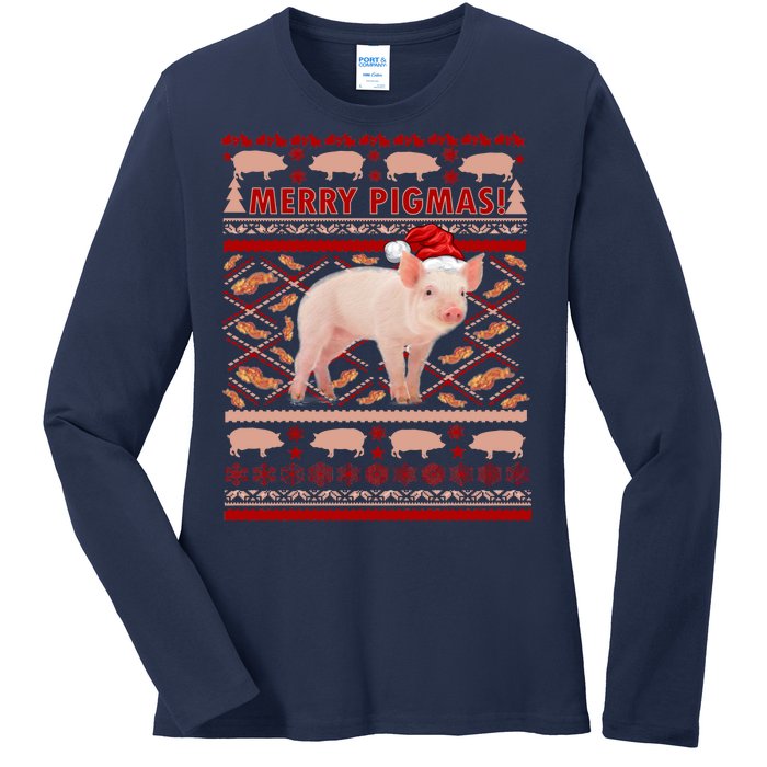 Merry Pigmas Christmas Pig Ugly Sweater Ladies Long Sleeve Shirt