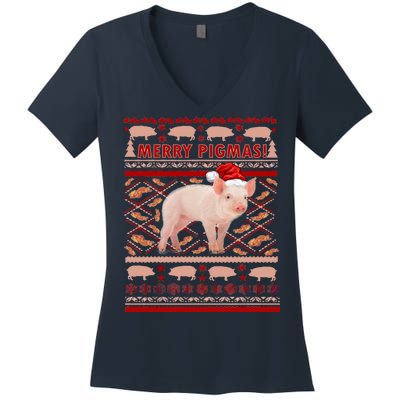 Merry Pigmas Christmas Pig Ugly Sweater Women's V-Neck T-Shirt