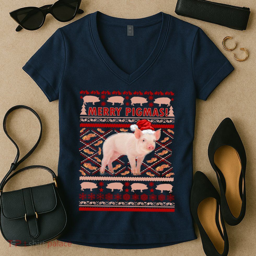 Merry Pigmas Christmas Pig Ugly Sweater Women's V-Neck T-Shirt