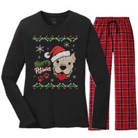 Merry Pitmas Ugly Christmas Sweater Women's Long Sleeve Flannel Pajama Set 