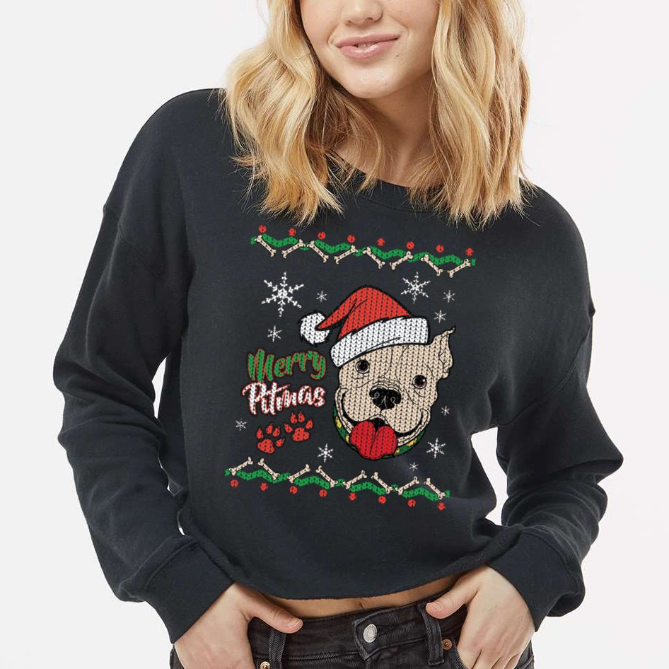 Merry Pitmas Ugly Christmas Sweater Cropped Pullover Crew