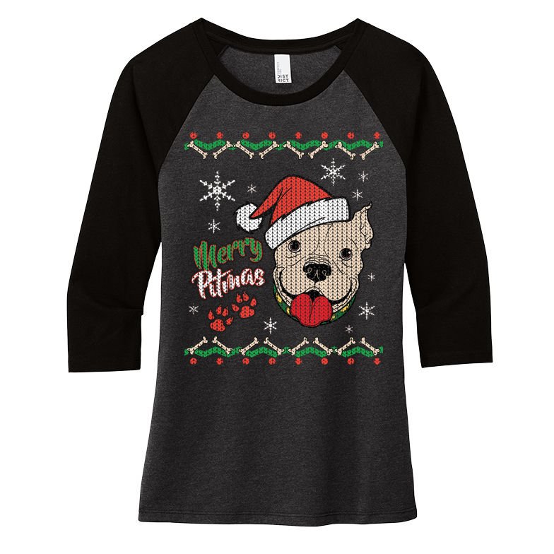 Merry Pitmas Ugly Christmas Sweater Women's Tri-Blend 3/4-Sleeve Raglan Shirt