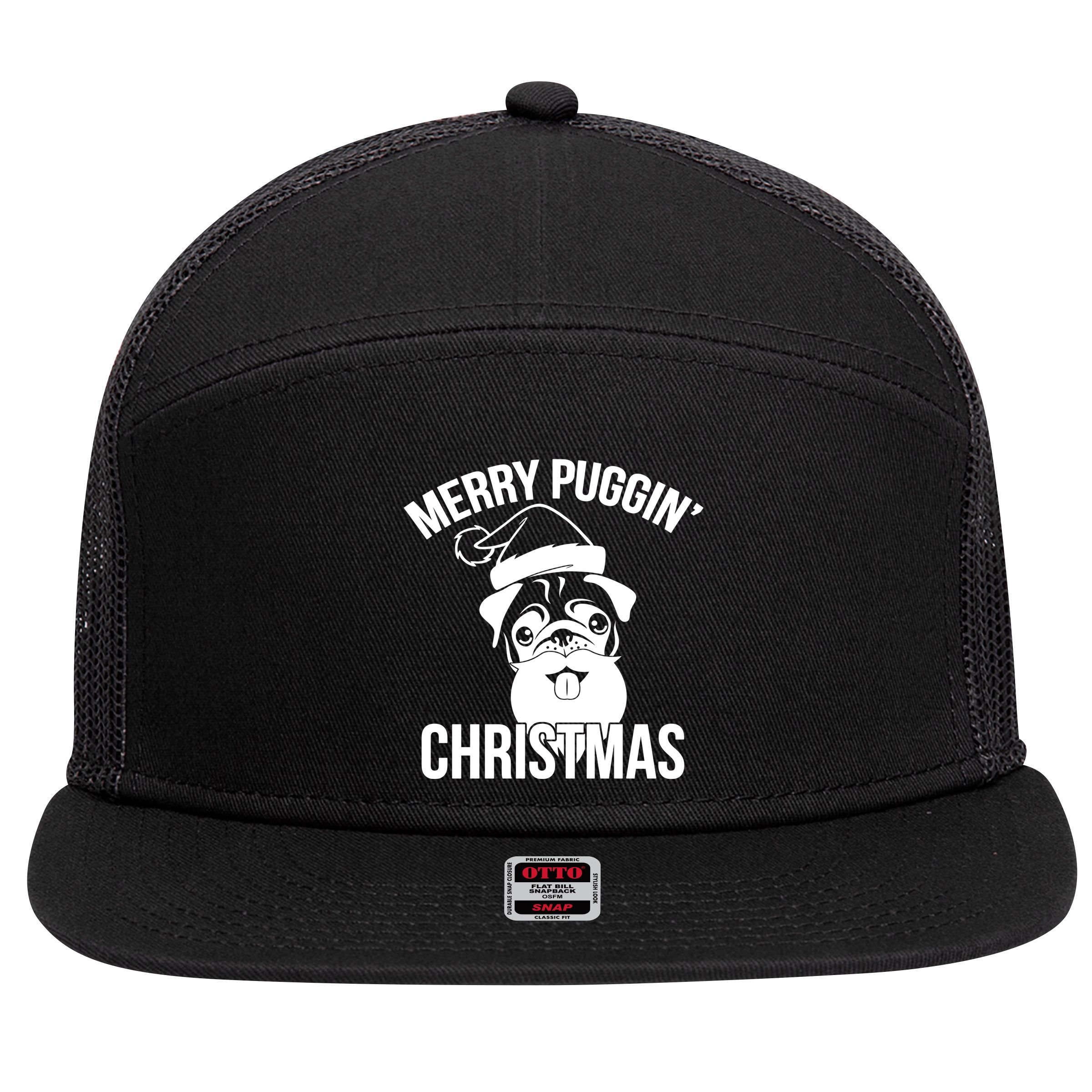 Merry Puggin Christmas Pug 7 Panel Mesh Trucker Snapback Hat