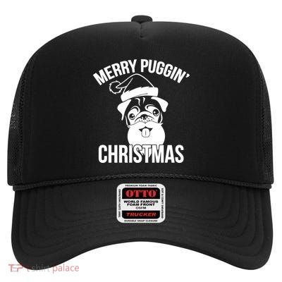 Merry Puggin Christmas Pug High Crown Mesh Back Trucker Hat