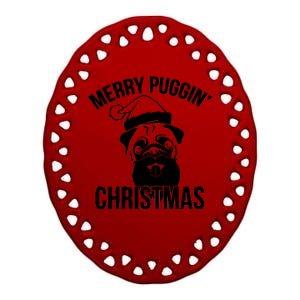 Merry Puggin Christmas Pug Ceramic Oval Ornament