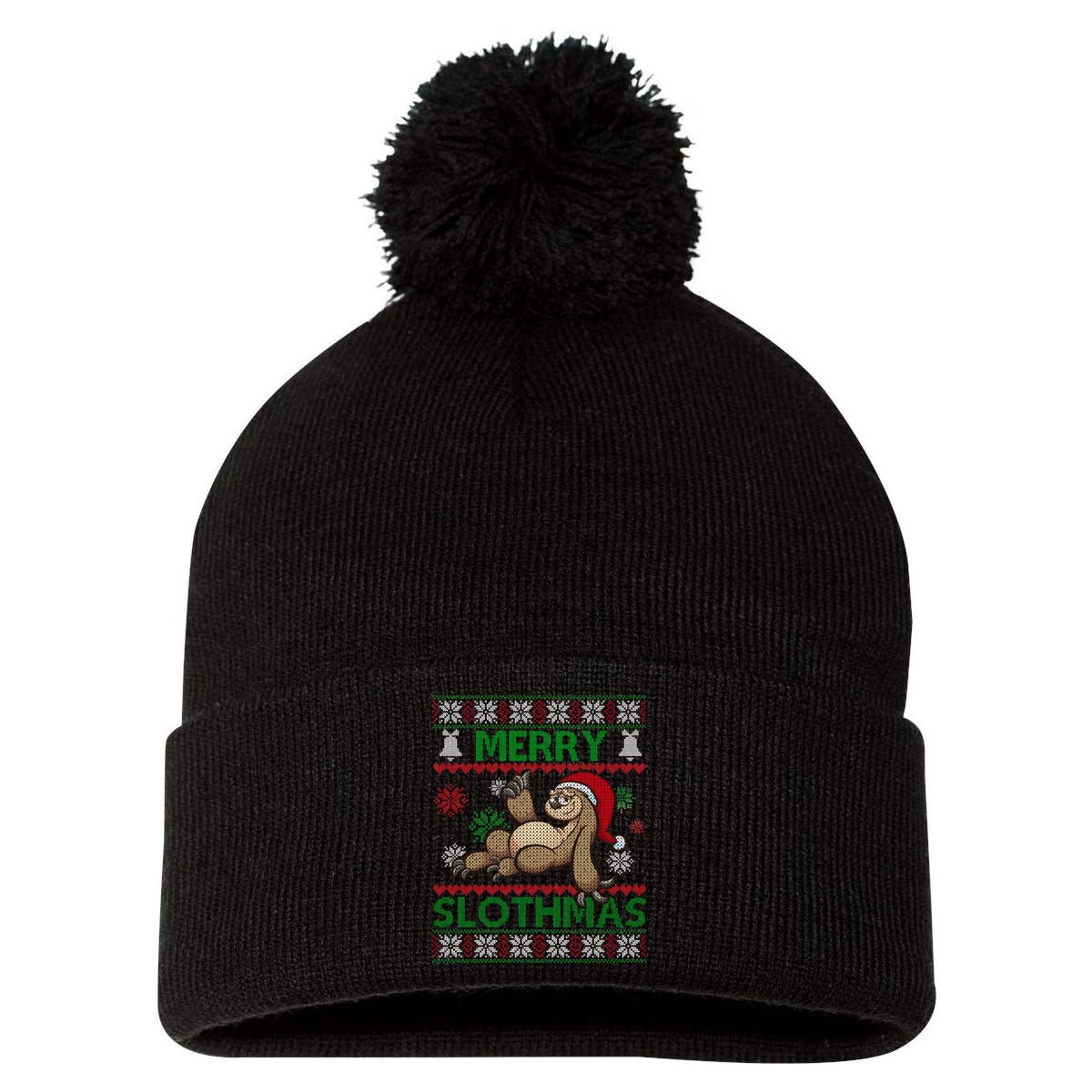 Merry Slothmas Ugly Christmas Pom Pom 12in Knit Beanie