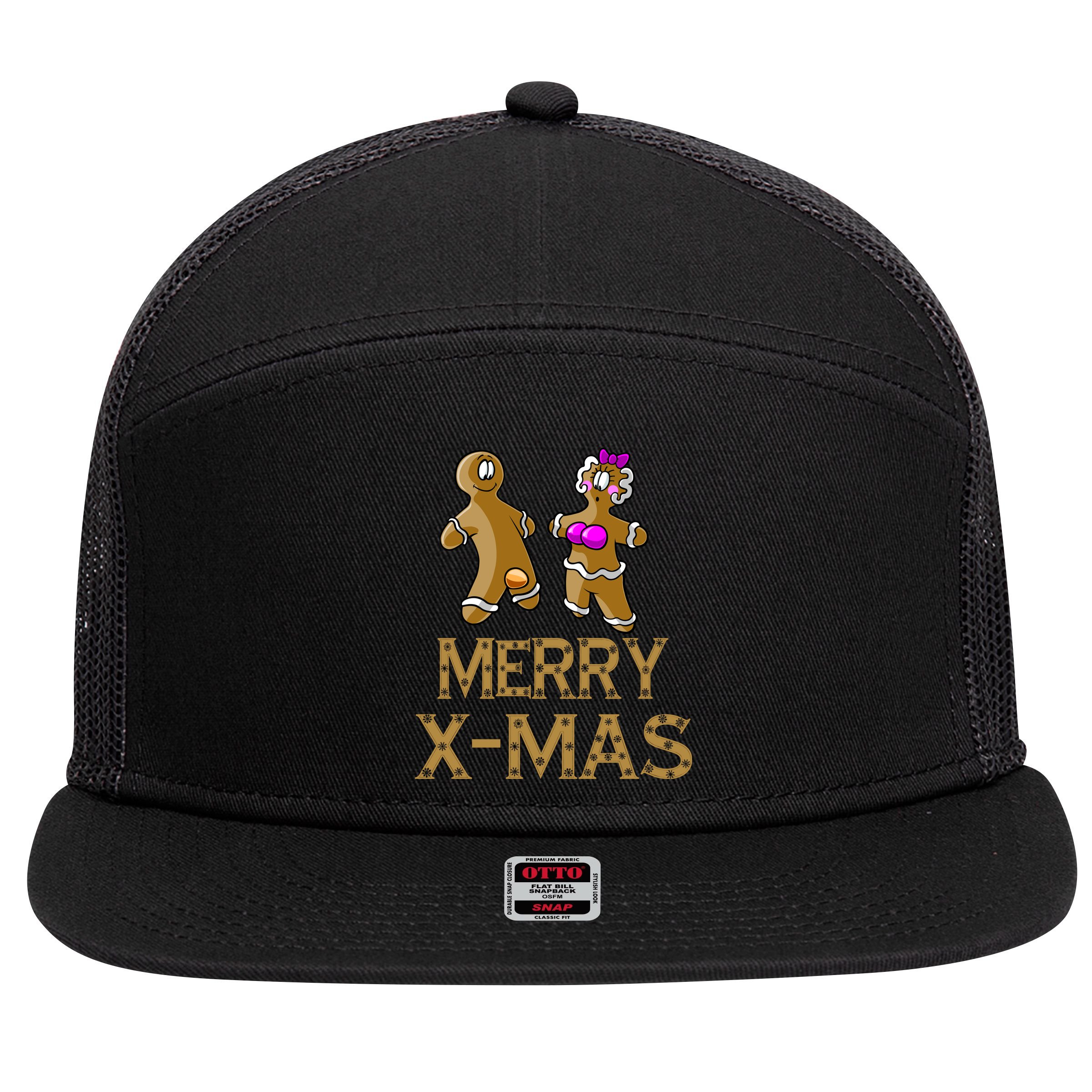 Merry X-Mas Funny Gingerbread Couple 7 Panel Mesh Trucker Snapback Hat
