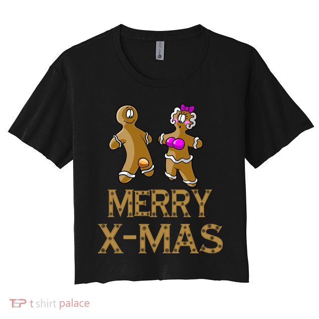 Merry X-Mas Funny Gingerbread Couple Crop Top