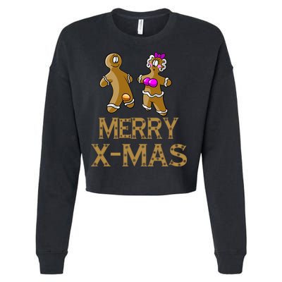 Merry X-Mas Funny Gingerbread Couple Cropped Pullover Crew