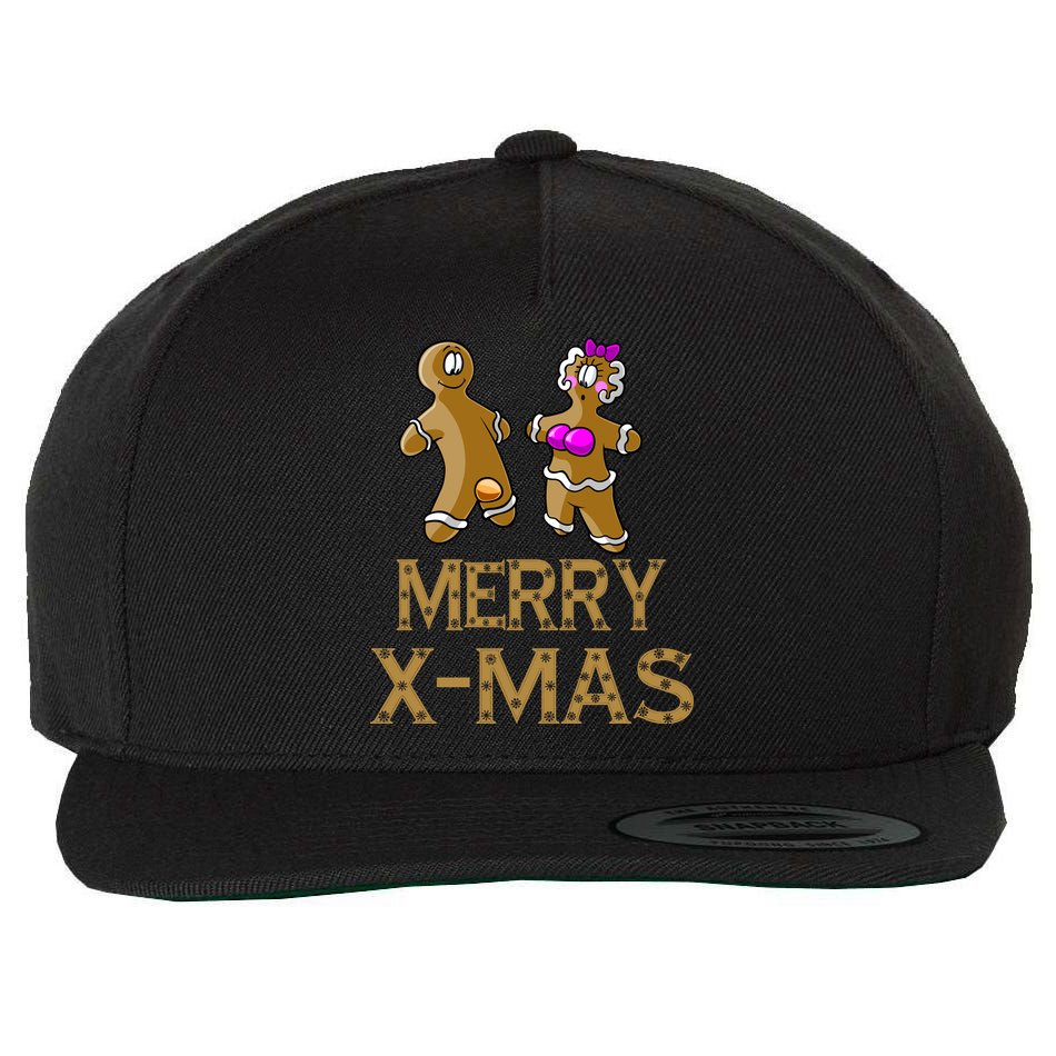 Merry X-Mas Funny Gingerbread Couple Wool Snapback Cap
