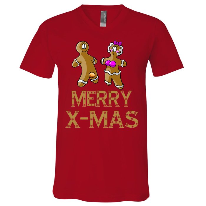 Merry X-Mas Funny Gingerbread Couple V-Neck T-Shirt