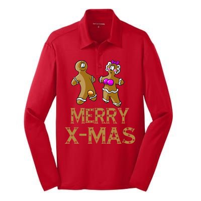 Merry X-Mas Funny Gingerbread Couple Silk Touch Performance Long Sleeve Polo