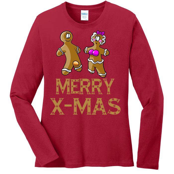 Merry X-Mas Funny Gingerbread Couple Ladies Long Sleeve Shirt