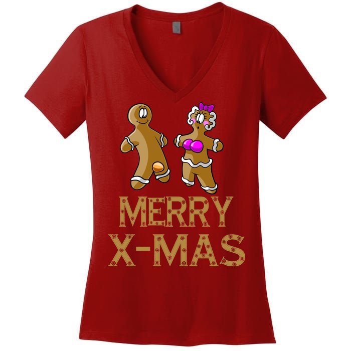 Merry X-Mas Funny Gingerbread Couple Women's V-Neck T-Shirt