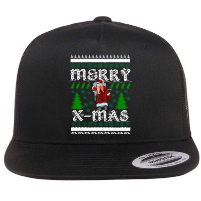 Merry X-Mas Ugly Christmas Sweater Flat Bill Trucker Hat