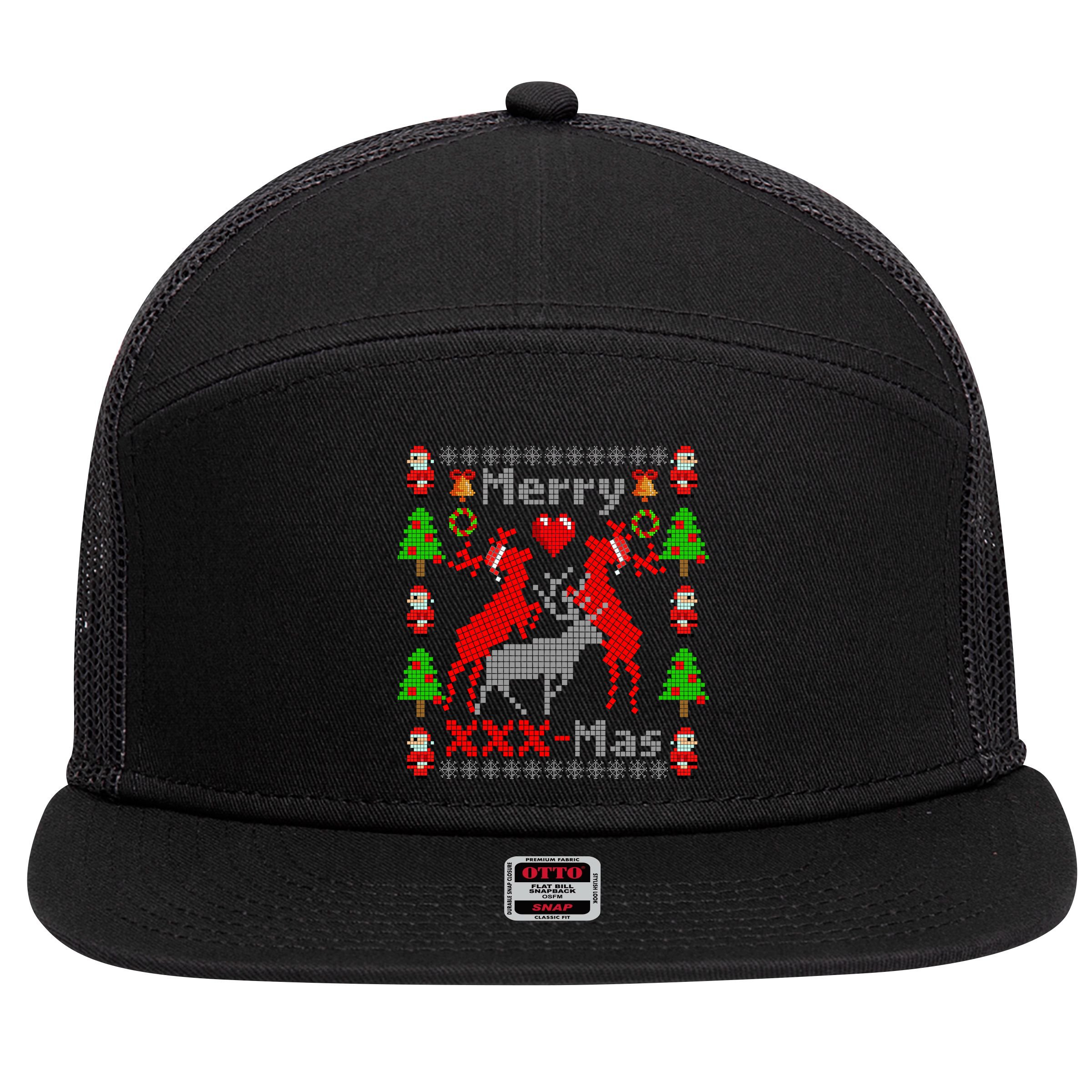 Merry XXXX-Mas Ugly Christmas Sweater 7 Panel Mesh Trucker Snapback Hat