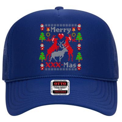 Merry XXXX-Mas Ugly Christmas Sweater High Crown Mesh Back Trucker Hat