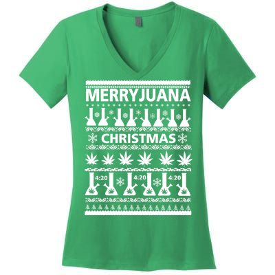 Merryjuana Weed Ugly Christmas Sweater Women's V-Neck T-Shirt