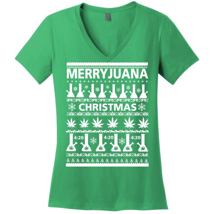 Merryjuana Weed Ugly Christmas Sweater Women's V-Neck T-Shirt