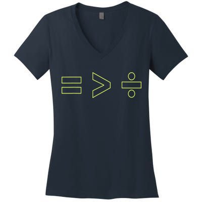 Math Equality Sign, Greater Than Division Sign Women's V-Neck T-Shirt