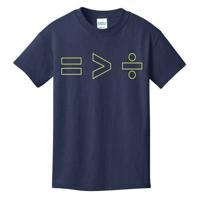 Math Equality Sign, Greater Than Division Sign Kids T-Shirt
