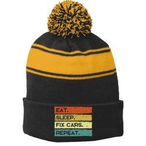 Mechanic Eat Sleep Fix Cars Repeat Funny Stripe Pom Pom Beanie