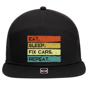 Mechanic Eat Sleep Fix Cars Repeat Funny 7 Panel Mesh Trucker Snapback Hat