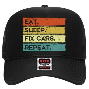 Mechanic Eat Sleep Fix Cars Repeat Funny High Crown Mesh Back Trucker Hat