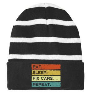 Mechanic Eat Sleep Fix Cars Repeat Funny Striped Beanie with Solid Band