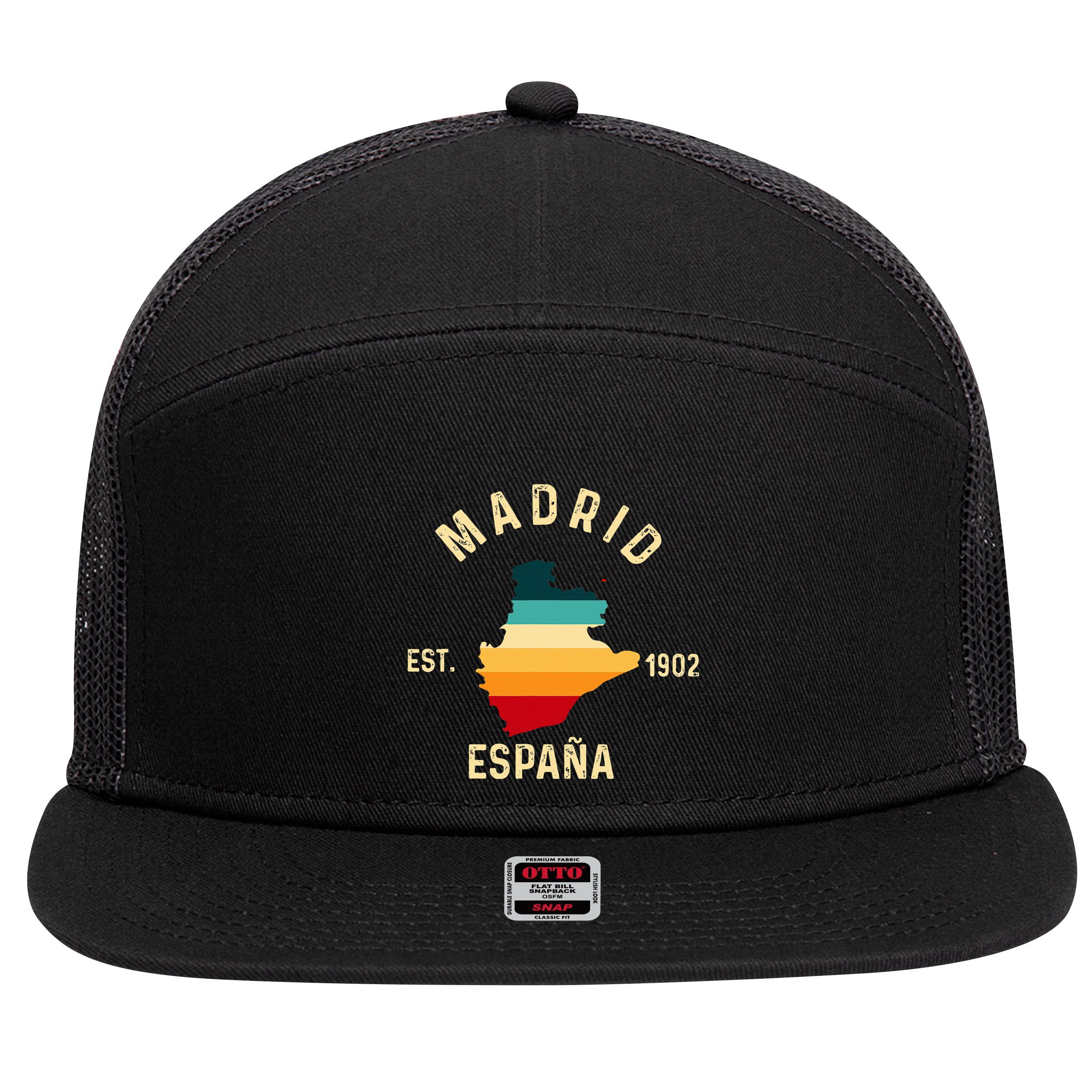 Madrid Espana Spain Est. Souvenir Flag Map Vacation 7 Panel Mesh Trucker Snapback Hat