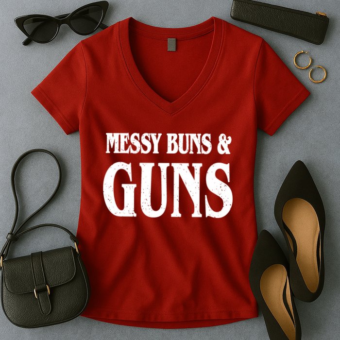 Messy Buns And Guns Women's V-Neck T-Shirt
