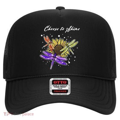 Metal Health Awareness Sunflower Dragonfly's High Crown Mesh Back Trucker Hat