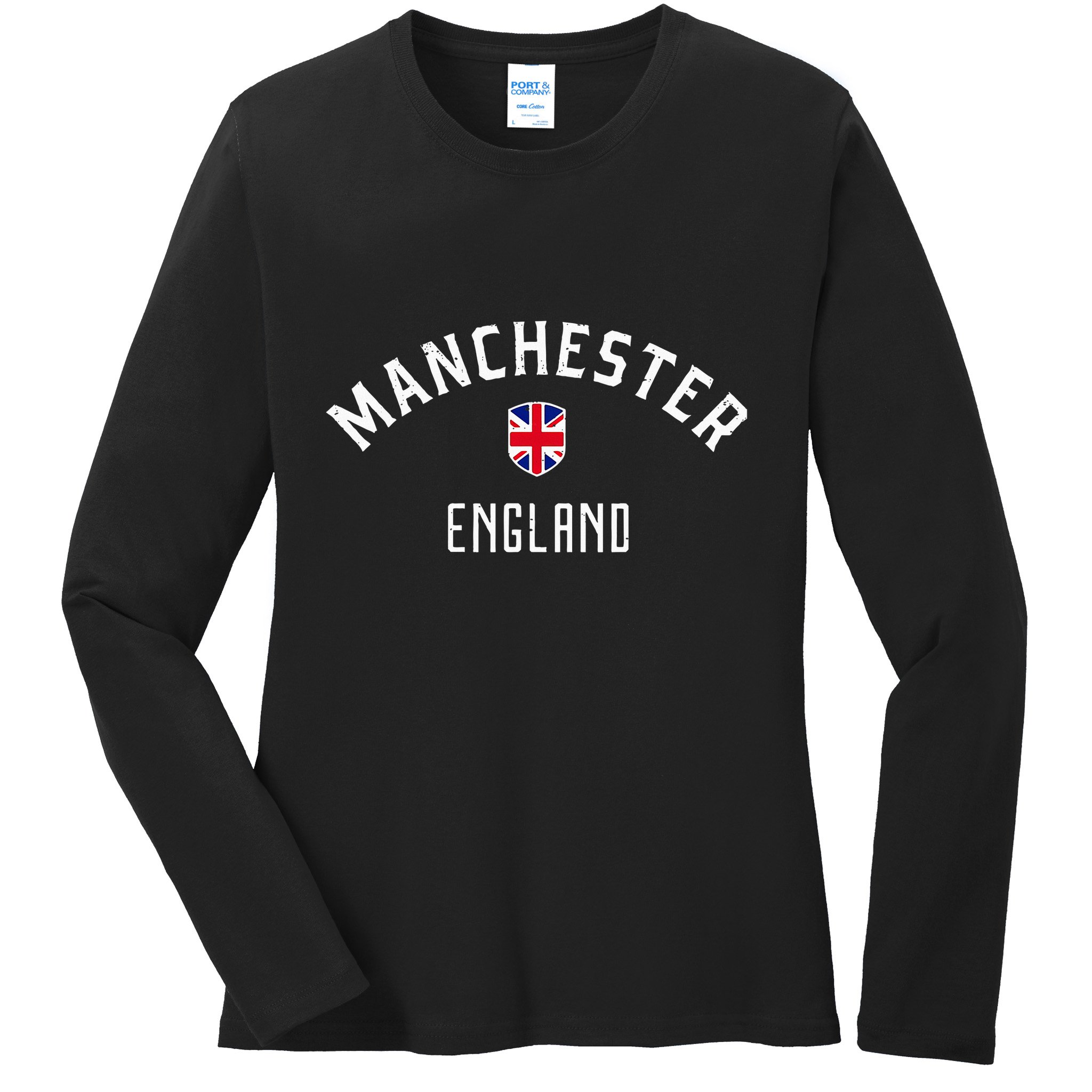 Manchester England United Kingdom British Flag Vintage Ladies Long Sleeve Shirt