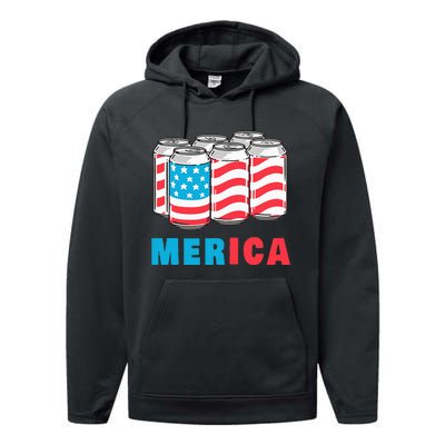 Merica Funny 4th of July Beer Patriotic USA Flag American Performance Fleece Hoodie