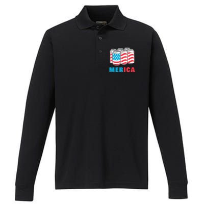 Merica Funny 4th of July Beer Patriotic USA Flag American Performance Long Sleeve Polo