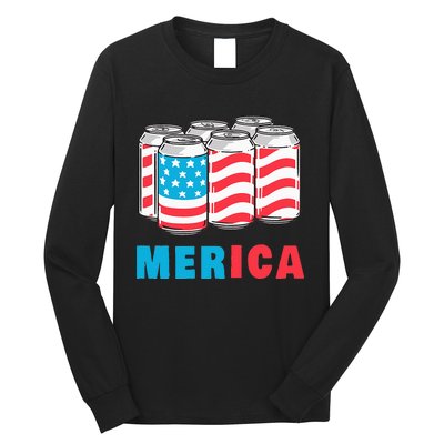 Merica Funny 4th of July Beer Patriotic USA Flag American Long Sleeve Shirt