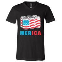 Merica Funny 4th of July Beer Patriotic USA Flag American V-Neck T-Shirt