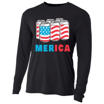 Merica Funny 4th of July Beer Patriotic USA Flag American Cooling Performance Long Sleeve Crew